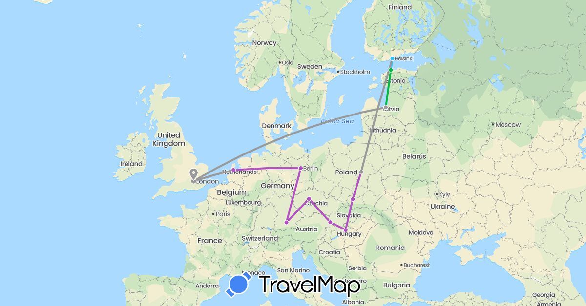TravelMap itinerary: driving, bus, plane, train, boat in Czech Republic, Germany, Estonia, Finland, United Kingdom, Hungary, Lithuania, Latvia, Netherlands, Poland, Sweden, Slovakia (Europe)